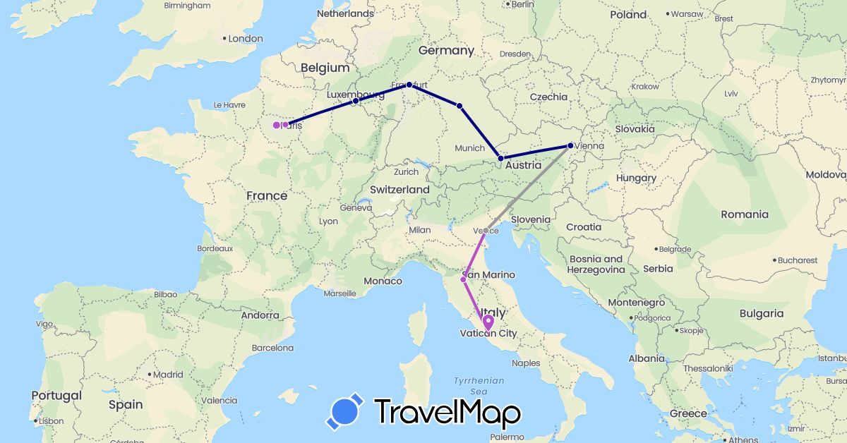 TravelMap itinerary: driving, plane, train in Austria, Germany, France, Italy, Luxembourg, Vatican City (Europe)